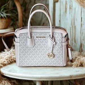 Michael Kors Monogram Satchel in Cream and Tan